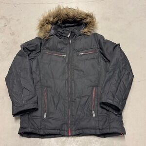 Vintage Y2K black faux fur hooded puffer jacket